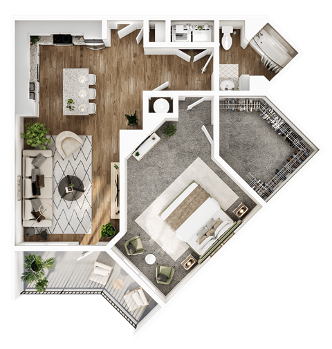 Floor plan for 1 bed, 1 bath, 773 sqft